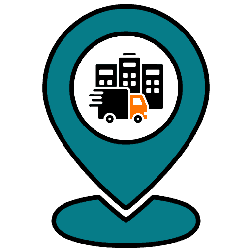 Moving truck icon with cityscape, representing professional moving and storage services.