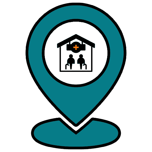 Moving and storage services icon with healthcare facility illustration.