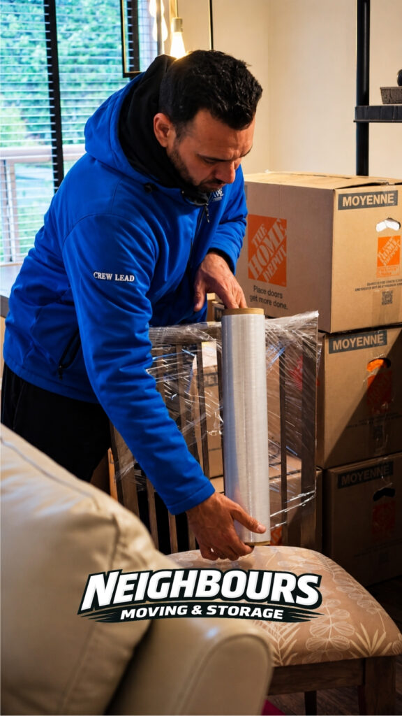 Professional mover carefully wraps furniture with stretch wrap to protect it during packing and transport for a safe residential move.