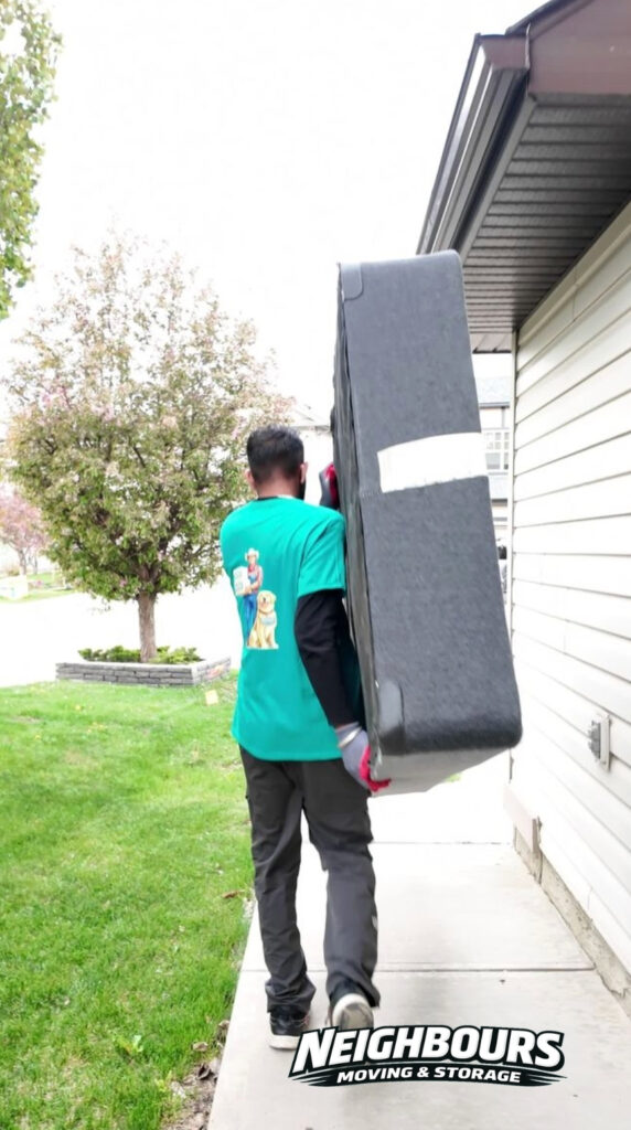 Professional Neighbours Moving & Storage mover safely carries a protected mattress during a residential move ensuring secure handling and damage-free delivery